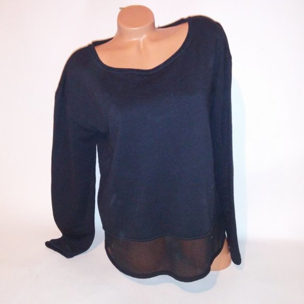 Bongo Sweater Large Black Solid Mesh Trim Long Sleeve Pullover Scoop Neck Pit to